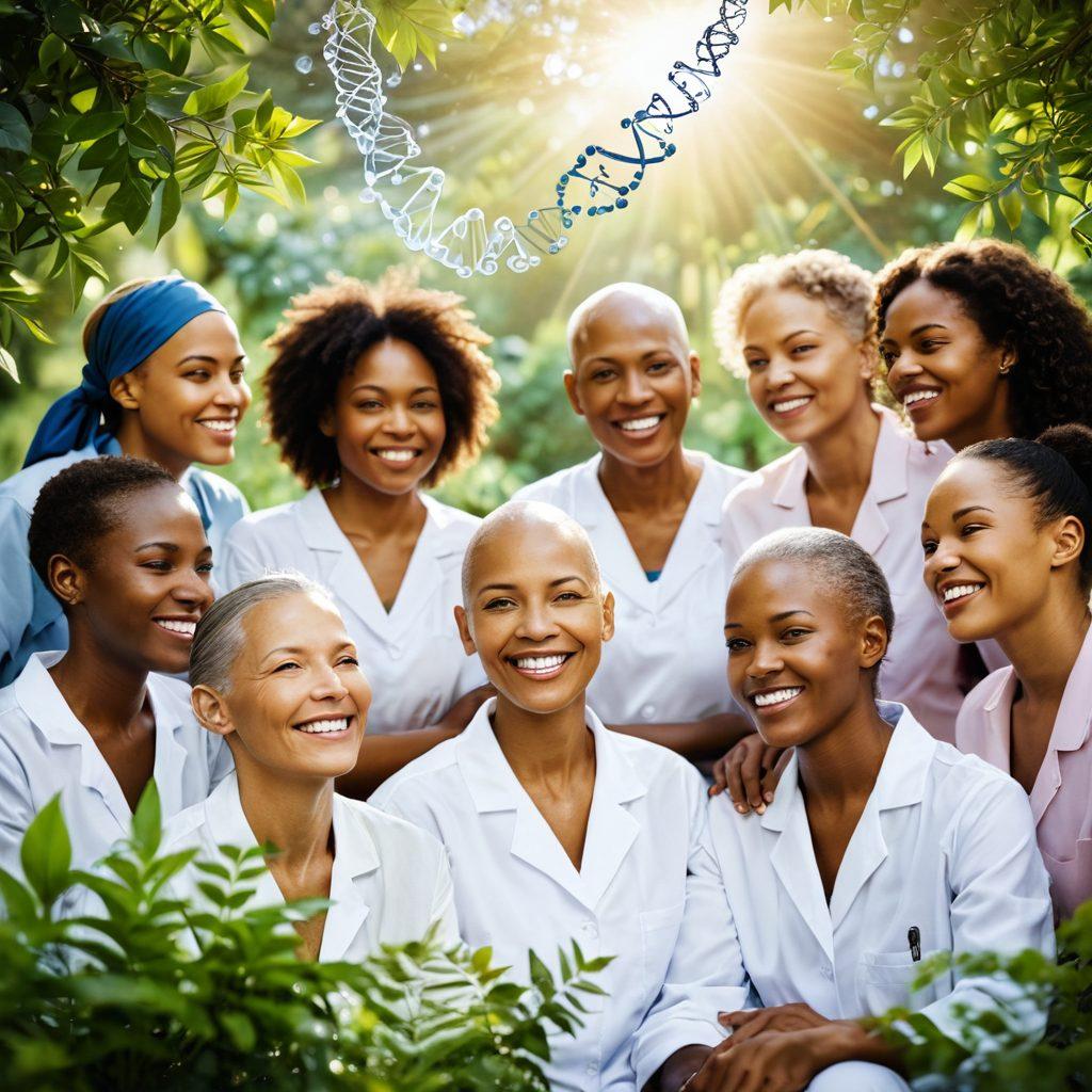 A serene and uplifting scene featuring a diverse group of cancer survivors, joyfully discussing the latest research findings while surrounded by lush greenery. Include visual elements like a transparent overlay of DNA strands and medical symbols subtly blended into the background. The atmosphere should convey hope, resilience, and empowerment, with warm sunlight illuminating their faces. soft-focus effect. vibrant colors. transparent layers.