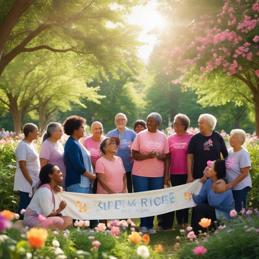 An inspiring scene depicting a diverse group of cancer survivors and advocates gathered in a sunlit park, sharing stories and embracing each other, surrounded by blooming flowers and lush greenery. Include banners of hope with empowering quotes, and a warm, uplifting atmosphere. The image should convey resilience, community, and support. super-realistic. vibrant colors. natural lighting.