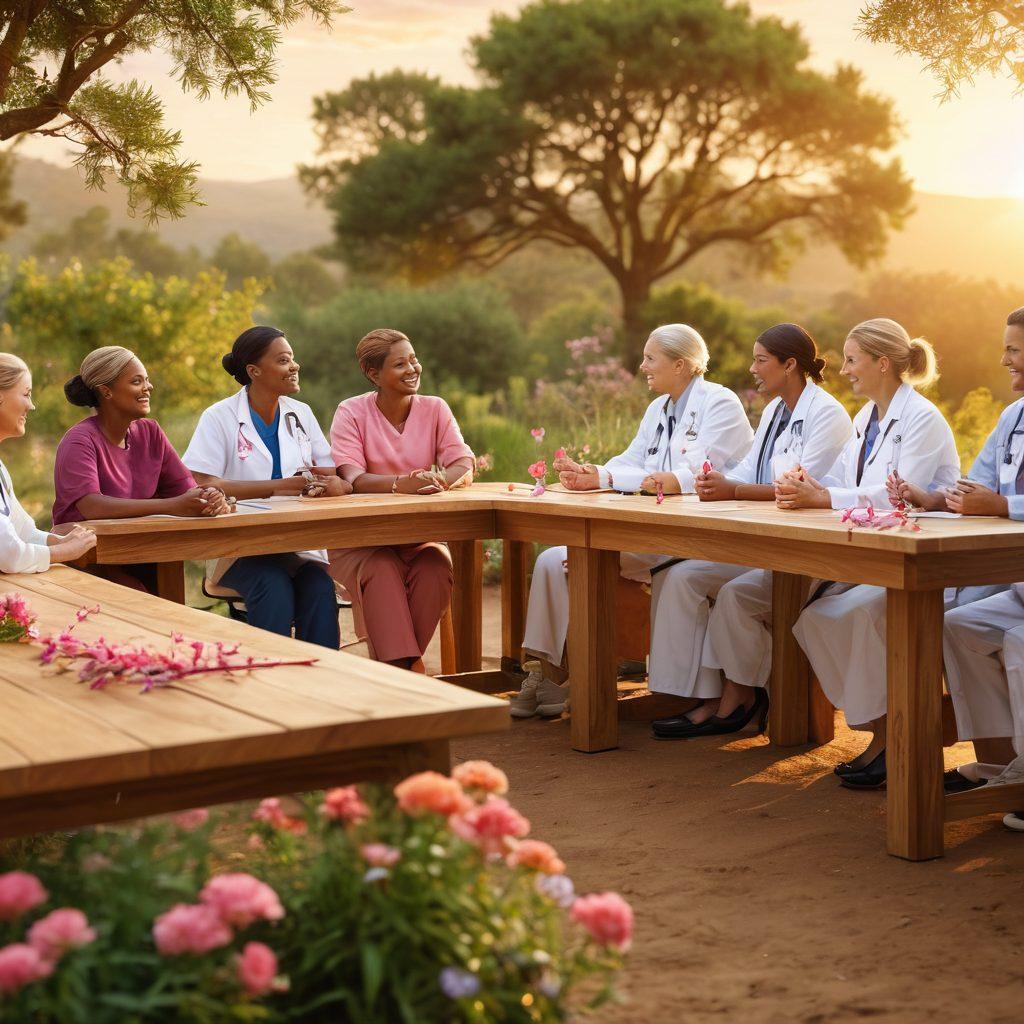 A serene landscape depicting a diverse group of patients and healthcare professionals collaborating at a long wooden table surrounded by vibrant flora, each smiling and sharing resources. In the background, a calming sunset symbolizes hope and empowerment. Include symbols of cancer awareness such as ribbons subtly integrated into the design. super-realistic. warm colors. soft focus.